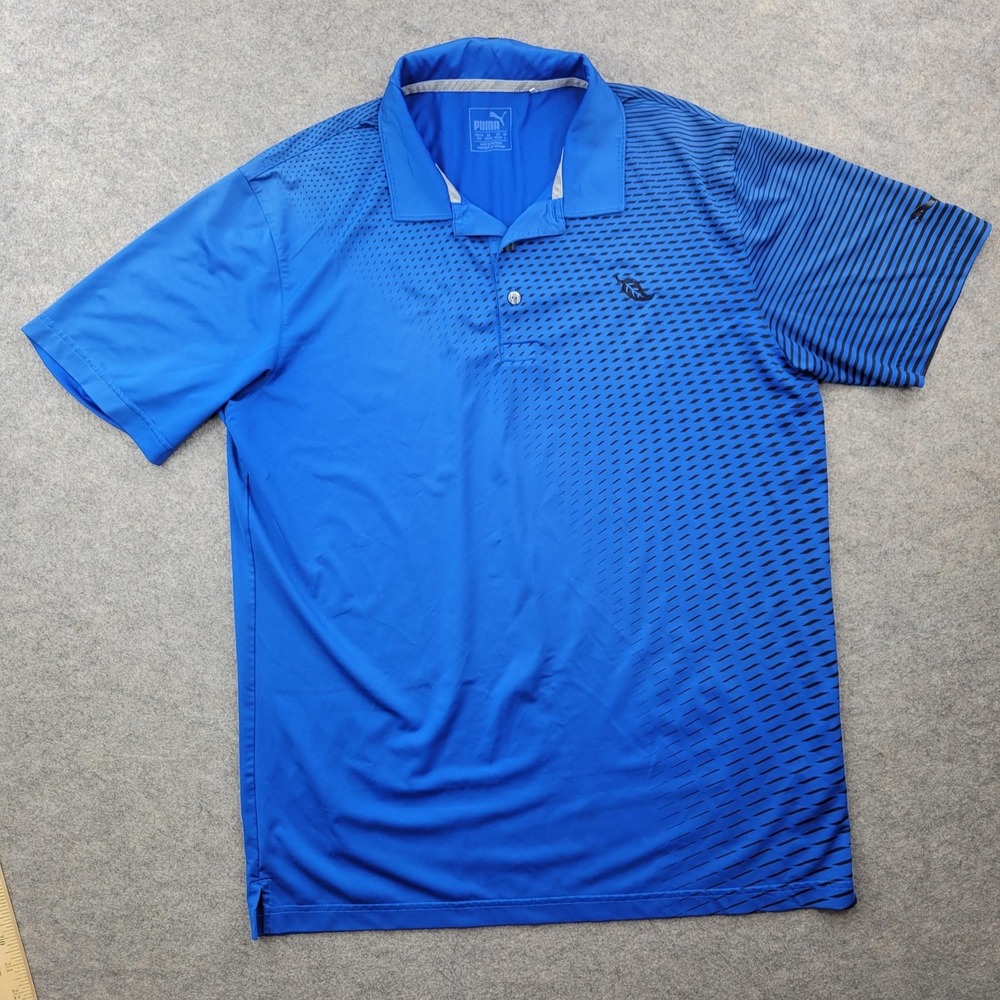 Puma Golf Polo Shirt Mens Medium Blue Short Sleeve Striped Performance Stretch